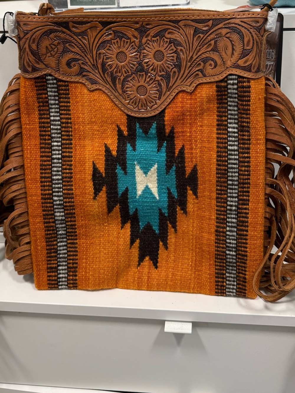 American Darling Orange Turquoise Southwestern Fringe Crossbody